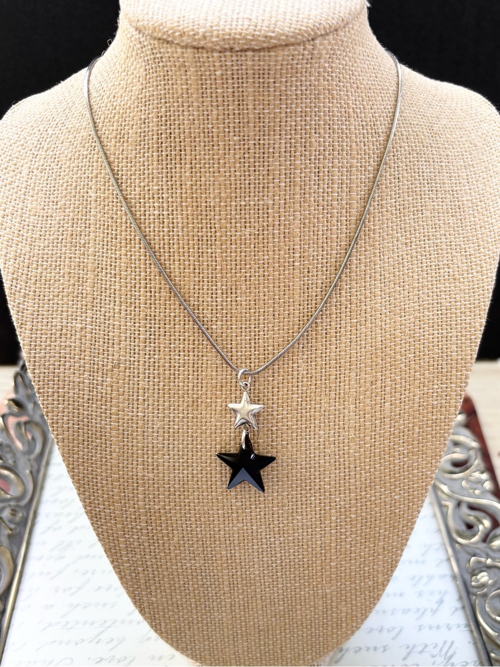 Sterling Silver Star Pendant Necklace with Black Crystal Swarovski Star Charm